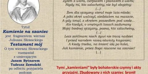 Portret Juliusza Słowackiego obok fragmentu "Testamentu mojego", nawiązującego do "Kamieni na szaniec".