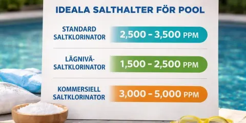 Tabell visar ideal salthalt för poolen beroende på saltklorinator. Frågan "hur mycket salt i poolen" besvaras med olika PPM-intervall.