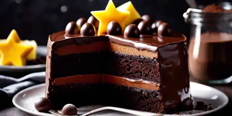 Un délicieux gâteau sucré au chocolat, garni de boules de chocolat et d'étoiles jaunes. Une part a été coupée, révélant ses couches moelleuses.