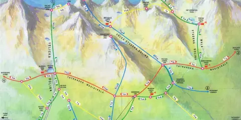 Mapa turystyczna ukazująca najpiękniejsze szlaki w Tatrach Słowackich, z zaznaczonymi dolinami Wielicką, Staroleśną i Zimną Wodą.