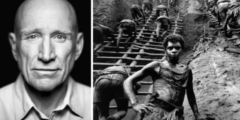 Ritratto di un uomo calvo e un gruppo di persone che scalano una ripida scala di legno. Foto celebri che raccontano storie di vita.