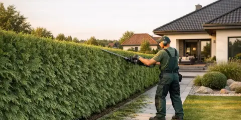 Ogrodnik przycina żywopłot z tui, dbając o jego kształt. Idealny czas, kiedy przycinać tuje, to wiosna lub wczesne lato.