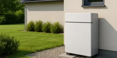 Nowoczesny magazyn energii do fotowoltaiki 10 kW stoi obok domu z panelami słonecznymi.