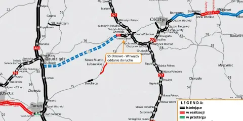 Mapa drogowa z zaznaczonymi trasami, w tym drogą S5 Ornowo-Wirwajdy oddaną do ruchu, z widocznym Olsztynem.