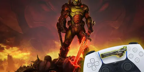El Doom Slayer, listo para la acción, junto a un mando de PS5. ¡La experiencia definitiva de los mejores shooters PS5!