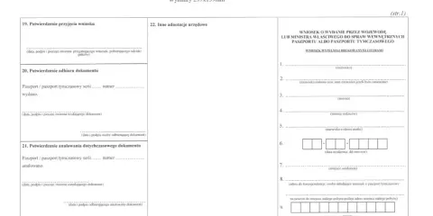 Formularz wniosku o wydanie paszportu, kluczowy dokument w procesie jak wyrobić paszport. Zawiera pola do wypełnienia danymi osobowymi i informacjami o dokumencie.