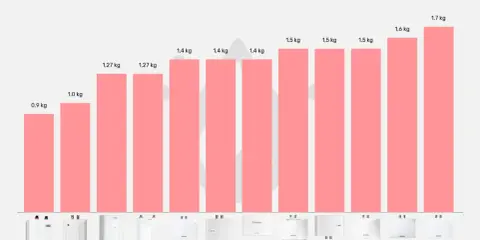 Balkendiagramm zeigt Gewichte von Kleindurchlauferhitzern. Der leichteste wiegt 0,9 kg, der schwerste 1,7 kg.