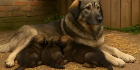 Un majestueux berger des Carpates veille sur ses trois adorables chiots blottis contre lui, dans une scène paisible de tendresse maternelle.