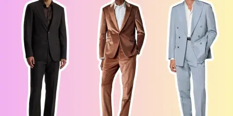 Three men in stylish suits, ready for a cocktail attore event. One in black, another in velvet brown, and the third in a light blue double-breasted suit.