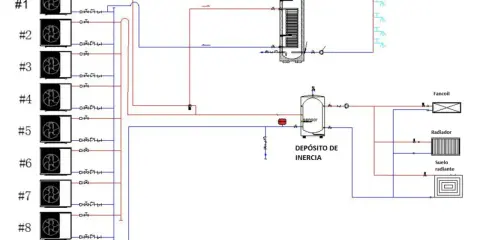 Diagrama de aerotermia en cascada con 8 unidades monobloc, acumulador ACS y depósito de inercia para calefacción y ACS.