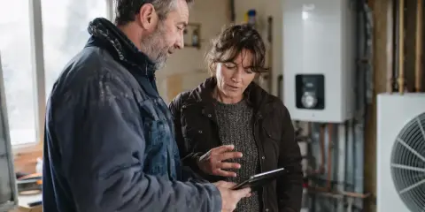 Un couple discute sur une tablette, visiblement déçu par un refus de banque pour un éco-prêt à taux zéro.