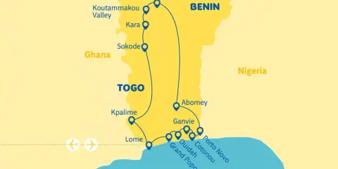 Trasa podróży przez Benin, Togo i Ghanę. Mapa pokazuje miasta takie jak Natitingou, Kpalime, Lome, Ouidah, Cotonou i Porto Novo.