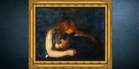 En kvinna med rött hår omfamnar ett barn i mörka toner. Edvard Munch fakta: Målningen heter "Madonna".