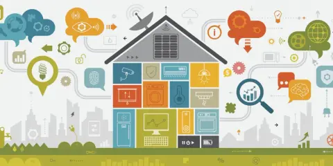 Illustration av ett smart hem med ikoner för säkerhet, energi och automation. En brandlarm går utan anledning, vilket symboliserar en potentiell teknisk störning.