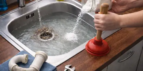 Jak odetkać zlew? Wsypywanie sody do zatkanego zlewu, obok przepychacz i klucz.