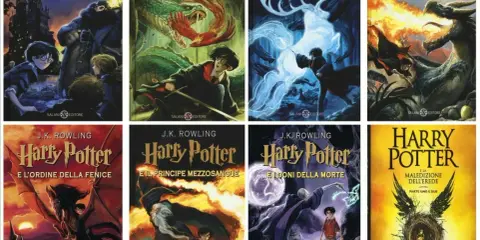 Copertine dei libri di J.K. Rowling: Harry Potter e la Pietra Filosofale, Camera dei Segreti, Prigioniero di Azkaban, Calice di Fuoco, Ordine della Fenice, Principe Mezzosangue, Doni della Morte e Maledizione dell'Erede.