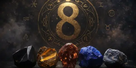 Pięć kryształów przed złotym kołem z numerologiczną 8 i znakami zodiaku.