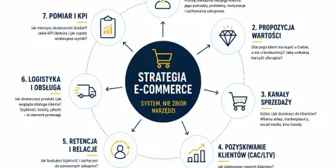 Schemat strategii e-commerce: od persony klienta, przez propozycję wartości, kanały sprzedaży, pozyskiwanie i retencję klientów, logistykę, po pomiar KPI.