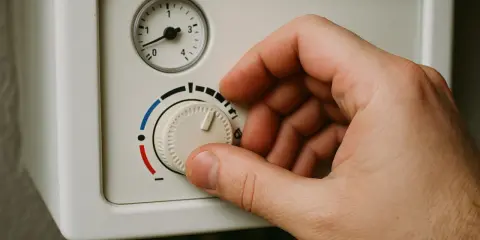 Dłoń reguluje pokrętłem termostat, by obniżyć za wysoka temperaturę na piecu gazowym.