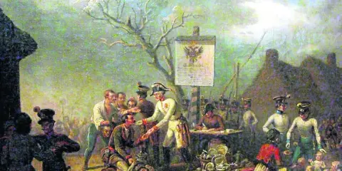 Scena z rabacji galicyjskiej: żołnierze austriaccy otaczają chłopów, jeden z nich wręcza nagrodę.