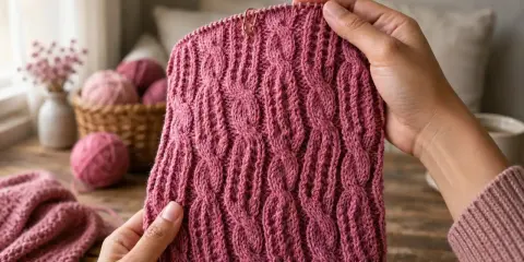 Manos tejiendo un suéter con un hermoso punto de trenzas y ochos en hilo rosa. Bolas de lana y flores secas en el fondo.