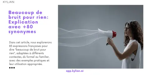 Une femme tient un mégaphone d'où s'échappe un nuage de fumée stylisé. L'image illustre l'idée d'exprimer un synonyme pour "beaucoup de bruit pour rien".
