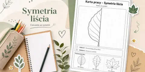 Karta pracy z ćwiczeniem symetrii liścia. Dzieci rysują drugą połowę liścia, ćwicząc oś symetrii.