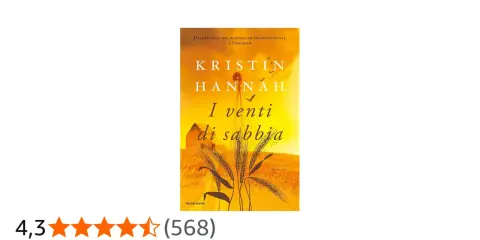 Copertina del libro "I venti di sabbia" di Kristin Hannah, con un mulino a vento, spighe di grano e un fienile sotto un cielo arancione.