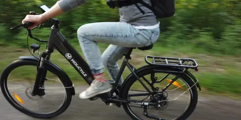 Osoba na rowerze elektrycznym Molicyle z amortyzacją pokonuje leśną ścieżkę.