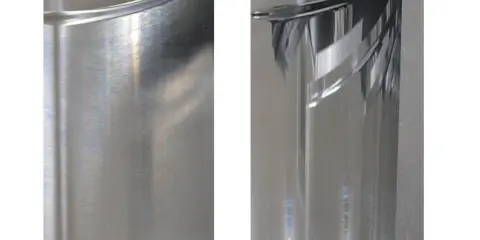 Porównanie powierzchni: po lewej matowe aluminium, po prawej efekt polerowania aluminium.