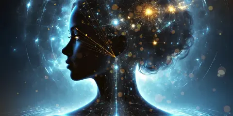 Sylwetka kobiety w kosmicznej sieci neuronów, symbolizująca istoty zbyt inteligentne, by żyć szczęśliwie.