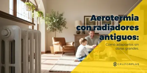 Radiador antiguo blanco junto a familia jugando. Aerotermia con radiadores antiguos: cómo adaptarlos sin obras grandes.