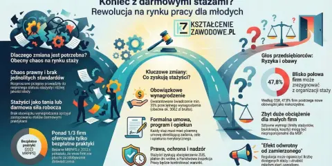 Ilustracja przedstawia schematycznie rynek staży, z elementami prawnymi i statystykami.