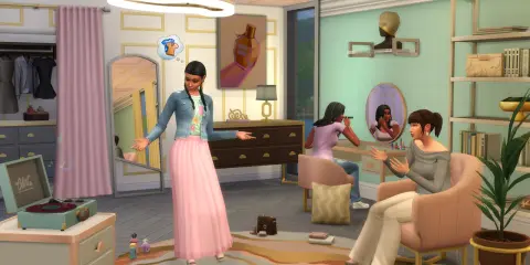 Mody do The Sims 4 meble: dziewczyny przygotowują się do wyjścia w stylowej garderobie.