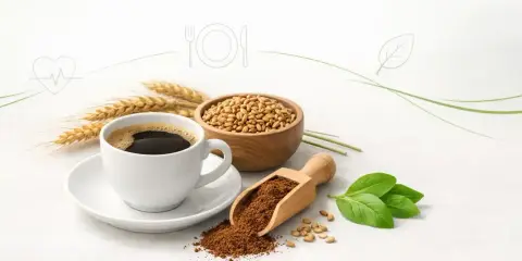 Kawa zbożowa jest zdrowa? Filiżanka kawy, miska ziaren, łuska i liście sugerują naturalne składniki.
