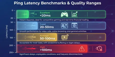 Diagramm zeigt Ping-Latenz-Bereiche: exzellent (<20ms) für Gaming, gut (20-50ms) für Videoanrufe, durchschnittlich (50-100ms) und hoch (>100ms) mit schlechter WLAN-Latenz.