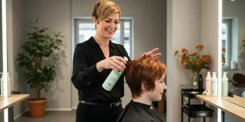 Friseurin sprüht veganes Produkt ins Haar einer Kundin. Ein moderner vegan friseur Salon.