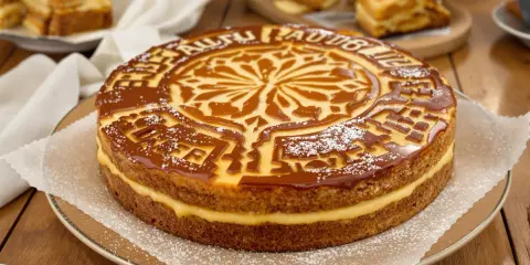Un délicieux gâteau basque à la crème pâtissière, nappé de caramel et saupoudré de sucre glace.