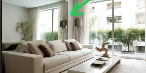 Un grand miroir reflète un salon moderne avec un canapé blanc et une table basse. Idéal pour savoir ou placer miroir salon.