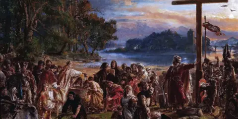 Scena chrztu Polski. Ludzie gromadzą się nad wodą, gdzie duchowny chrzci wiernych. W tle krzyż i zamek.