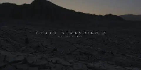 Krajobraz pustynny z napisem "DEATH STRANDING 2 ON THE BEACH". Gra na PC zapowiada się mrocznie.