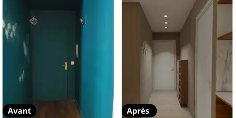 Avant/Après : un couloir étroit et sombre transformé en espace lumineux et moderne avec des étagères et un nouveau revêtement mural.