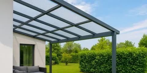 Une pergola moderne avec toit en polycarbonate protège un salon de jardin. Le ciel bleu et la verdure environnante créent un cadre paisible.