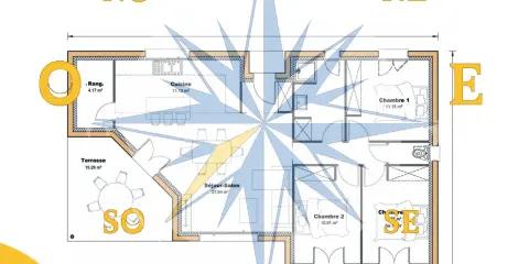 Plan d'une maison avec indication des points cardinaux. Idéal pour des maisons du midi, avec terrasse et pièces bien orientées.