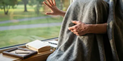 Osoba owinięta kocem trzyma kamień z cyfrą 30, zastanawiając się, ile trwa terapia uzależnień.