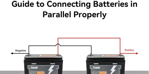 Zwei Batterien sind parallel geschaltet. Ein schwarzes Kabel verbindet die negativen Pole, ein rotes Kabel die positiven. Dies zeigt eine korrekte Batterie schaltung.