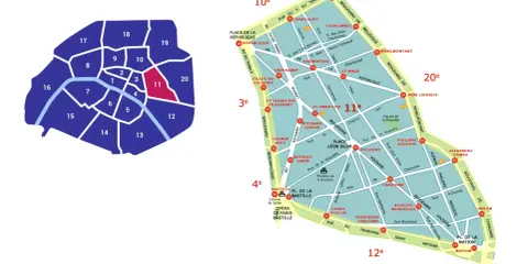 Mapa Paryża z zaznaczonymi dzielnicami (arrondissements). Dzielnica 11 jest wyróżniona kolorem czerwonym.