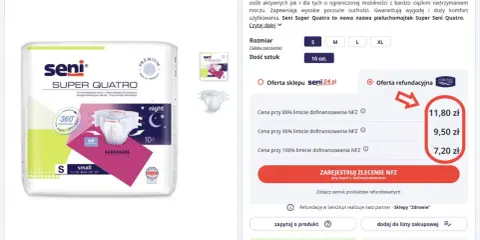 Pieluchomajtki Seni Super Quatro dla dorosłych, dostępne z refundacją NFZ. Sprawdź ceny z dofinansowaniem, np. 7,20 zł przy 100% limicie.