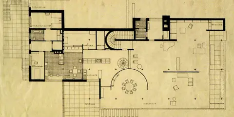 Pianta del piano terra della casa Tugendhat, con dettagli di stanze, scale e arredi.