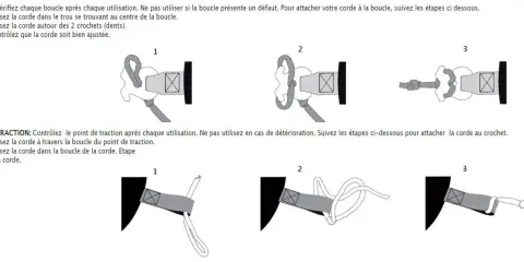Illustrations montrant comment attacher une corde à un palonnier bateau, étape par étape.